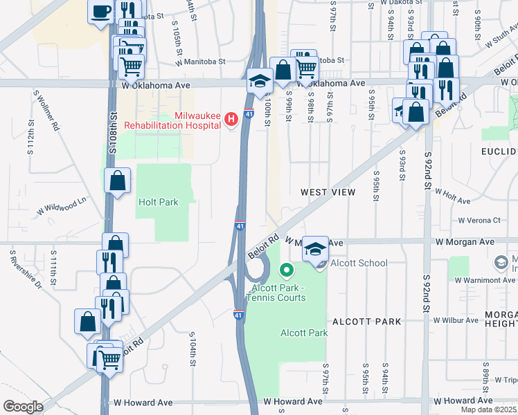 map of restaurants, bars, coffee shops, grocery stores, and more near 3401 South 100th Street in Milwaukee