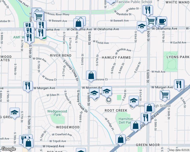 map of restaurants, bars, coffee shops, grocery stores, and more near 3422 South 68th Street in Milwaukee