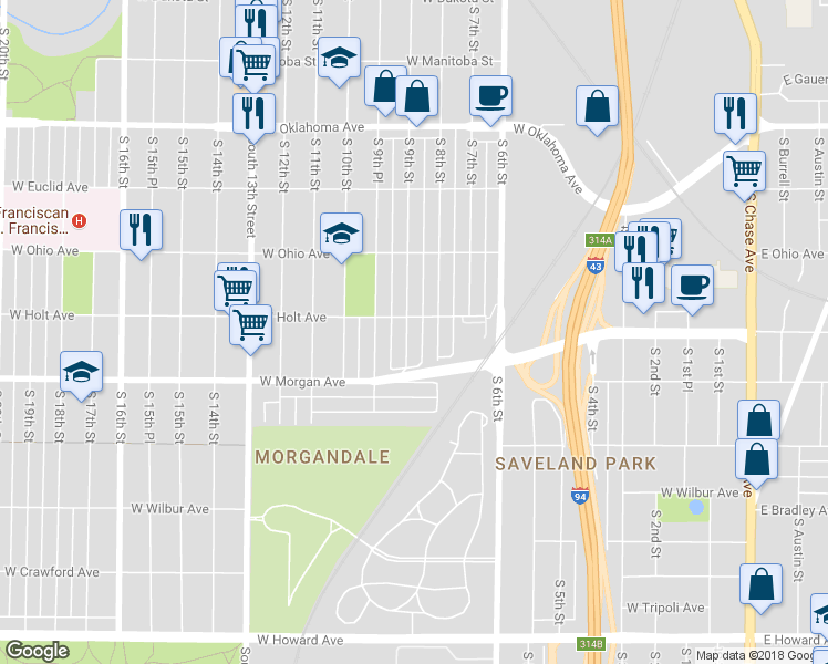 map of restaurants, bars, coffee shops, grocery stores, and more near 3416 South 9th Street in Milwaukee