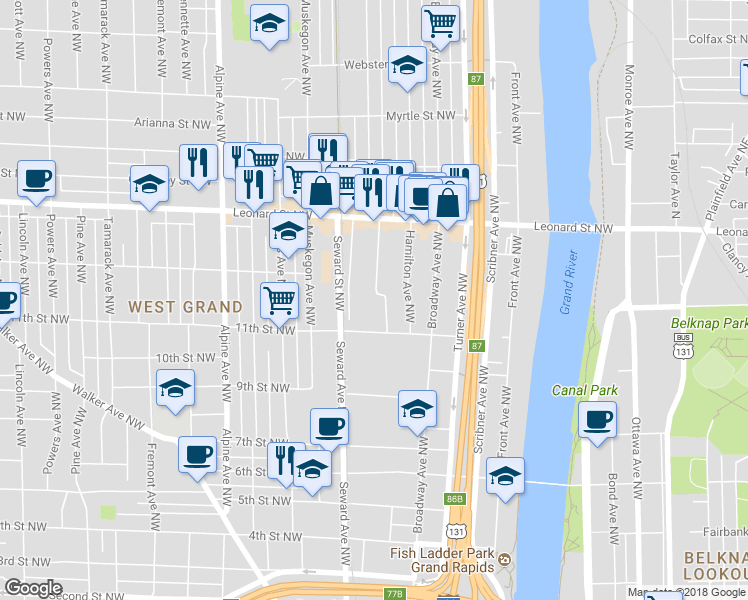 map of restaurants, bars, coffee shops, grocery stores, and more near 1035 Quarry Avenue Northwest in Grand Rapids