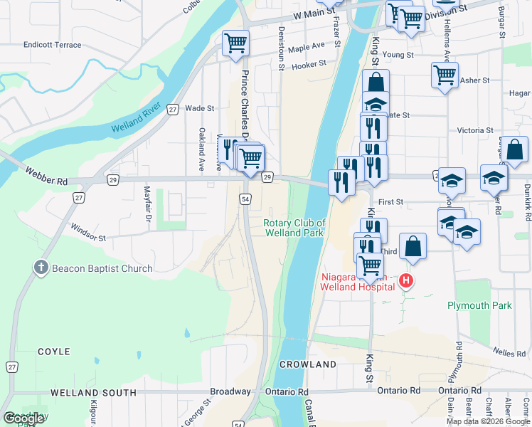 map of restaurants, bars, coffee shops, grocery stores, and more near 35 Nova Crescent in Welland