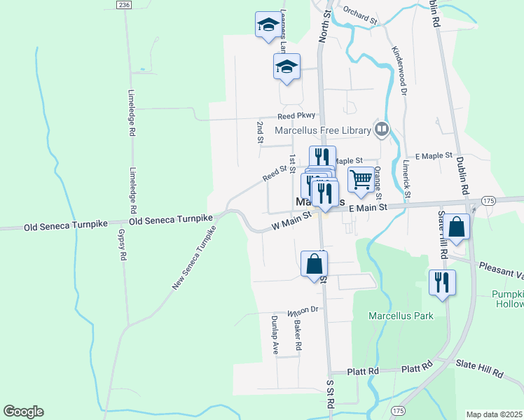 map of restaurants, bars, coffee shops, grocery stores, and more near 1 Kelly Ave in Marcellus