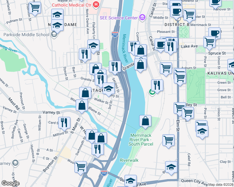 map of restaurants, bars, coffee shops, grocery stores, and more near 46 3rd Street in Manchester