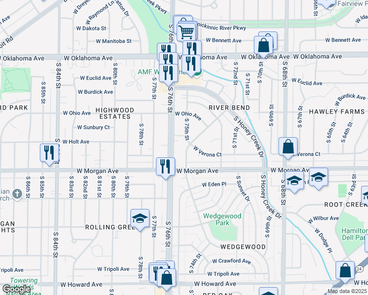 map of restaurants, bars, coffee shops, grocery stores, and more near 3415 South 75th Street in Milwaukee