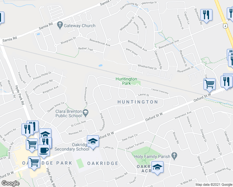 map of restaurants, bars, coffee shops, grocery stores, and more near 54 Meadowridge Crescent in London