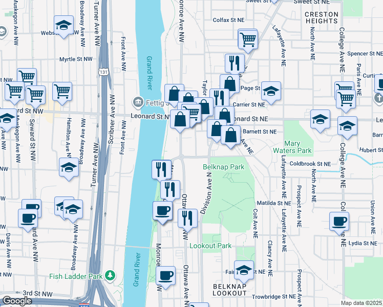 map of restaurants, bars, coffee shops, grocery stores, and more near 45 Coldbrook Street Northwest in Grand Rapids
