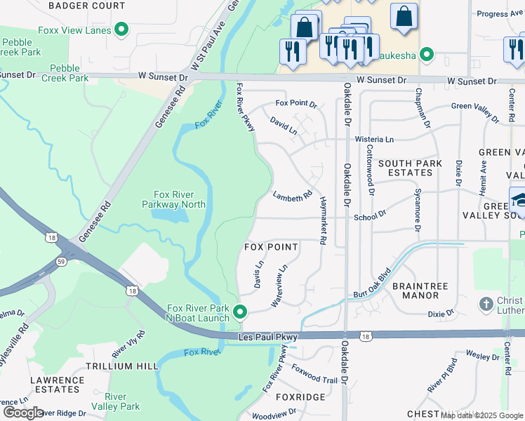map of restaurants, bars, coffee shops, grocery stores, and more near 1713 Fox River Parkway in Waukesha