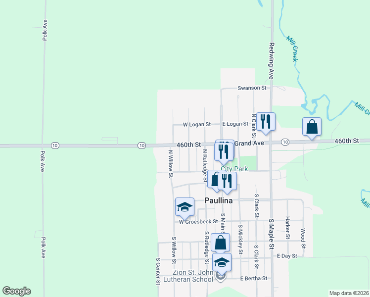 map of restaurants, bars, coffee shops, grocery stores, and more near 301-359 W Grand Ave in Paullina
