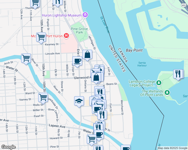 map of restaurants, bars, coffee shops, grocery stores, and more near 805 Pine Grove Avenue in Port Huron