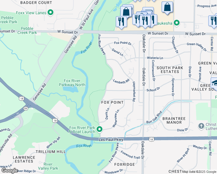 map of restaurants, bars, coffee shops, grocery stores, and more near 1713 Fox River Parkway in Waukesha