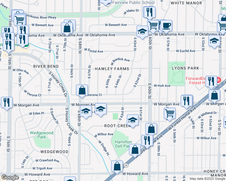map of restaurants, bars, coffee shops, grocery stores, and more near 3423 South 64th Street in Milwaukee