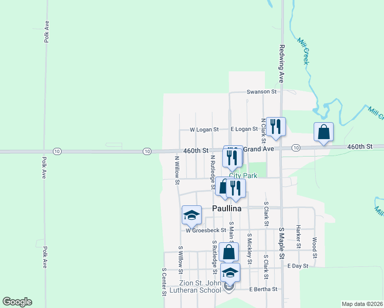 map of restaurants, bars, coffee shops, grocery stores, and more near 301 West Grand Avenue in Paullina