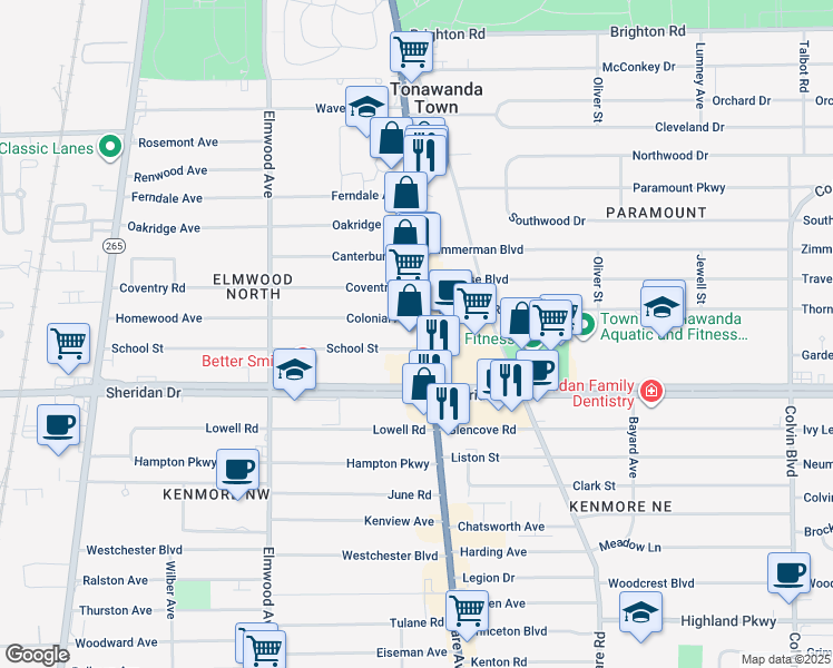 map of restaurants, bars, coffee shops, grocery stores, and more near 3600C Delaware Avenue in Buffalo