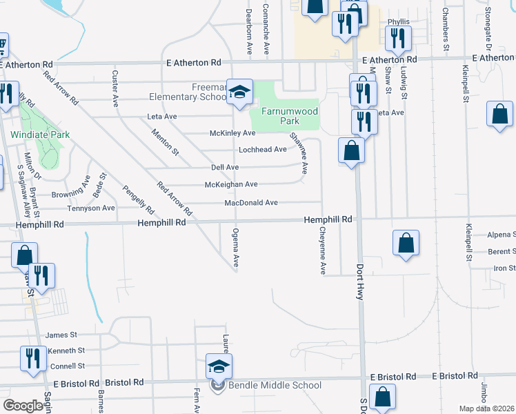 map of restaurants, bars, coffee shops, grocery stores, and more near 802 Macdonald Avenue in Flint