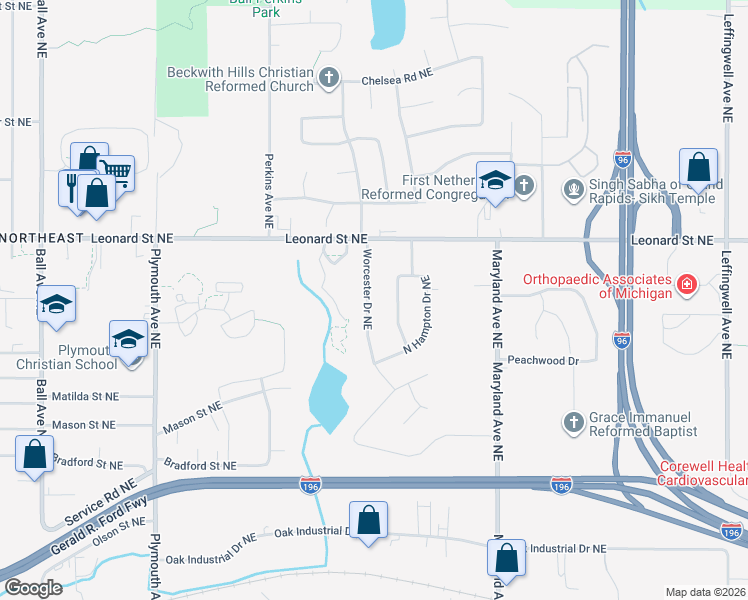 map of restaurants, bars, coffee shops, grocery stores, and more near 1060 Worcester Drive Northeast in Grand Rapids