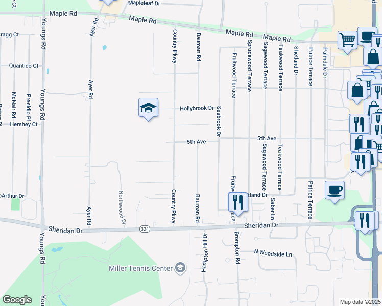 map of restaurants, bars, coffee shops, grocery stores, and more near 182 Bauman Rd in Buffalo