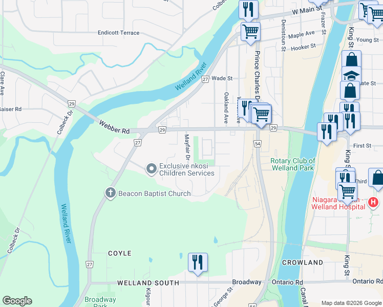 map of restaurants, bars, coffee shops, grocery stores, and more near 36 Mayfair Drive in Welland