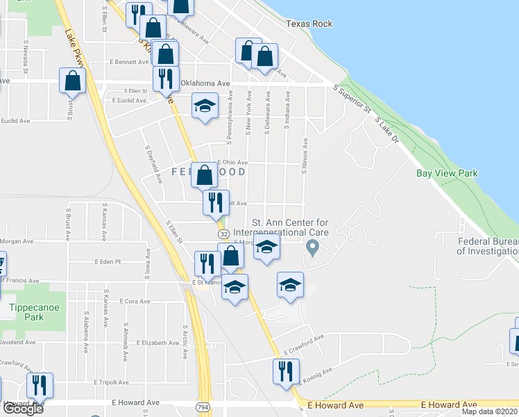 map of restaurants, bars, coffee shops, grocery stores, and more near 3407 S Delaware Ave in Milwaukee