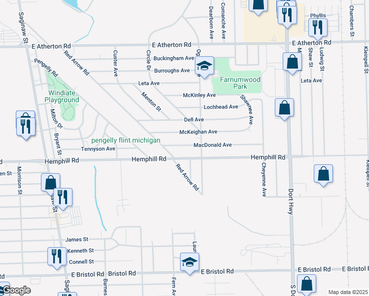 map of restaurants, bars, coffee shops, grocery stores, and more near 606 Macdonald Avenue in Flint