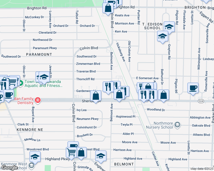 map of restaurants, bars, coffee shops, grocery stores, and more near 17 Winterwood Court in Buffalo