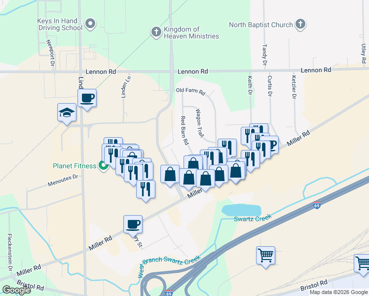 map of restaurants, bars, coffee shops, grocery stores, and more near 3176 Red Barn Road in Flint