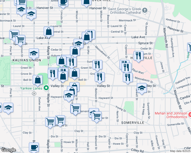 map of restaurants, bars, coffee shops, grocery stores, and more near 316 Belmont Street in Manchester