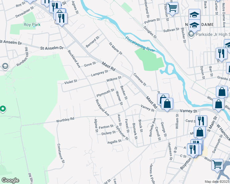 map of restaurants, bars, coffee shops, grocery stores, and more near 119 Warner Street in Manchester