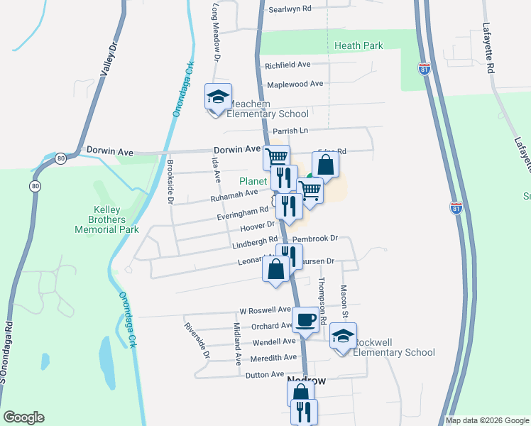 map of restaurants, bars, coffee shops, grocery stores, and more near 133 Everingham Road in Syracuse