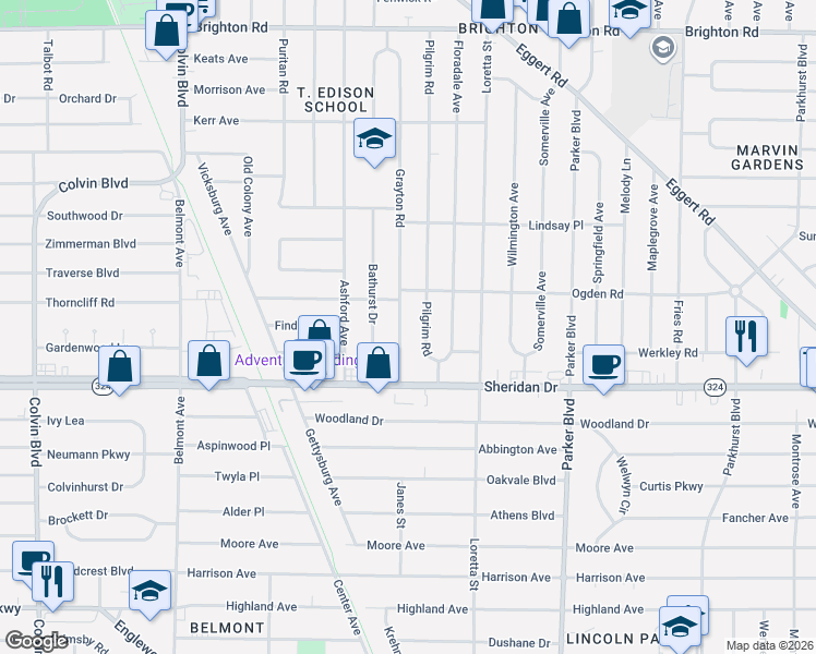 map of restaurants, bars, coffee shops, grocery stores, and more near 64 Grayton Road in Tonawanda