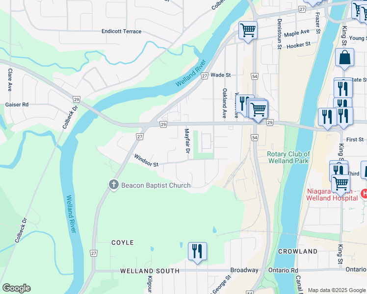 map of restaurants, bars, coffee shops, grocery stores, and more near 36 Mayfair Drive in Welland