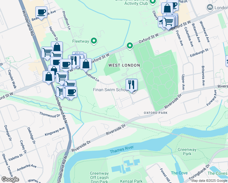 map of restaurants, bars, coffee shops, grocery stores, and more near 565 Proudfoot Lane in London