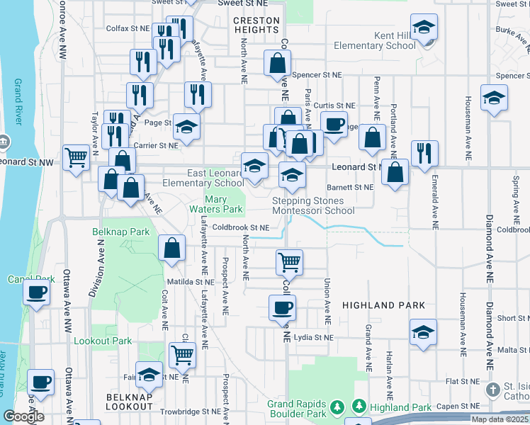 map of restaurants, bars, coffee shops, grocery stores, and more near 1033 College Avenue Northeast in Grand Rapids