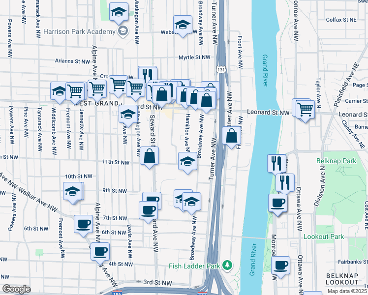 map of restaurants, bars, coffee shops, grocery stores, and more near 1040 Hamilton Avenue Northwest in Grand Rapids