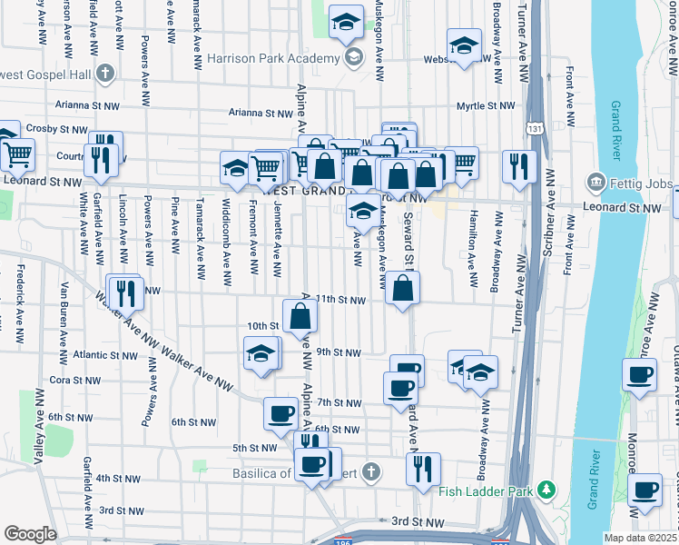 map of restaurants, bars, coffee shops, grocery stores, and more near 1033 Davis Avenue Northwest in Grand Rapids