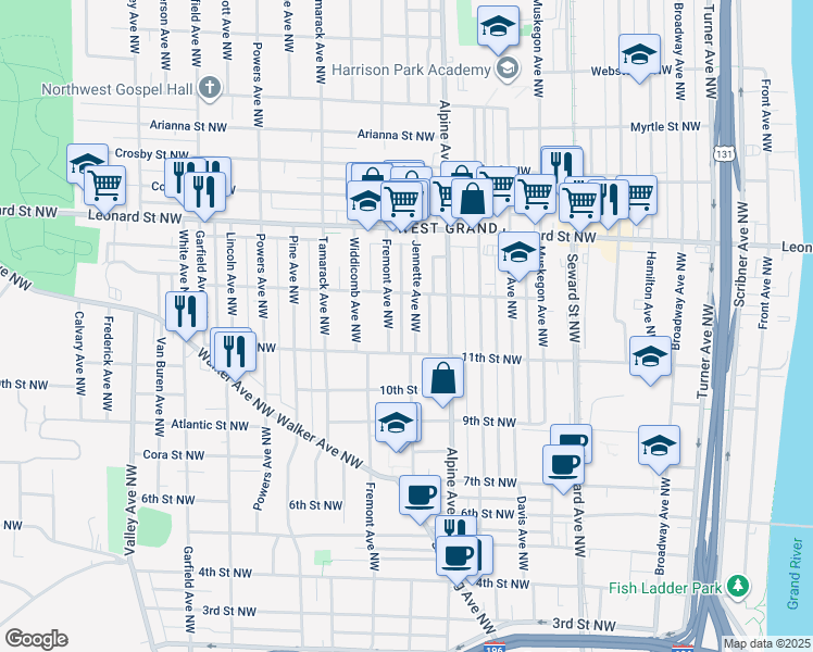 map of restaurants, bars, coffee shops, grocery stores, and more near 1028 Jennette Avenue Northwest in Grand Rapids
