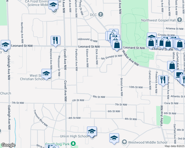 map of restaurants, bars, coffee shops, grocery stores, and more near 930 Edison Avenue Northwest in Grand Rapids
