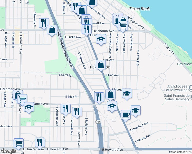 map of restaurants, bars, coffee shops, grocery stores, and more near 2205 East Holt Avenue in Milwaukee