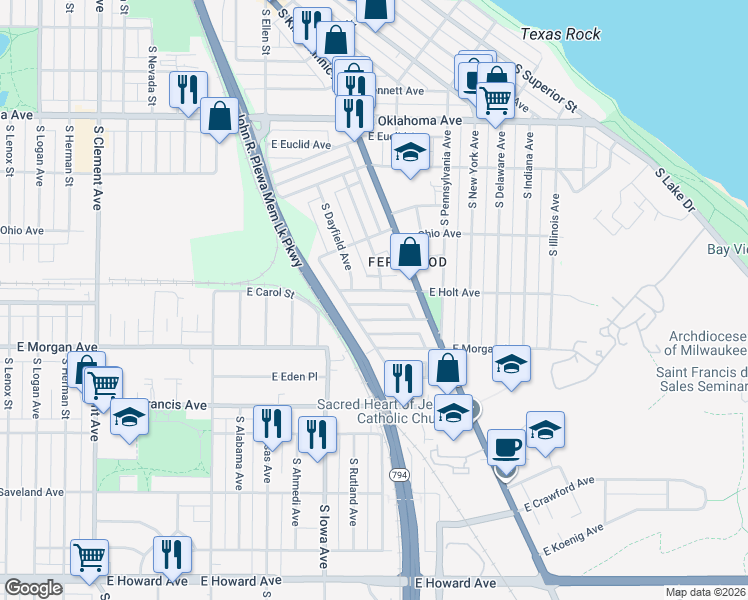 map of restaurants, bars, coffee shops, grocery stores, and more near 2205 East Holt Avenue in Milwaukee