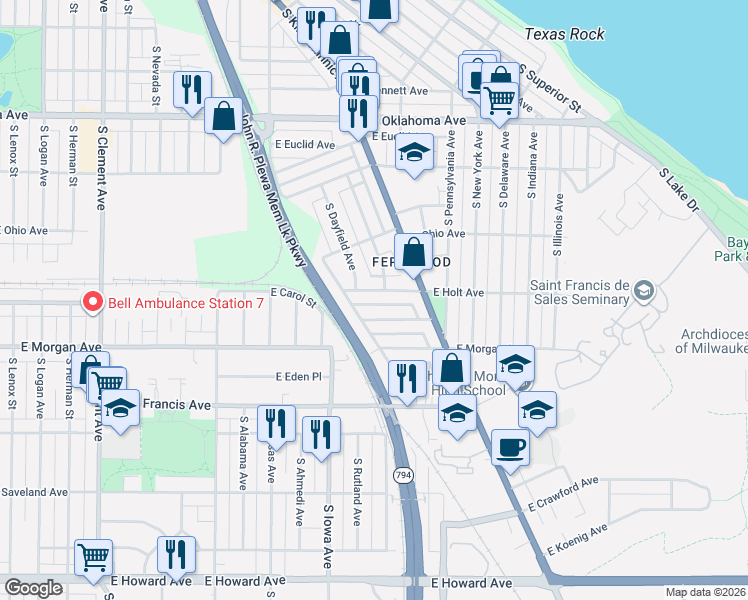 map of restaurants, bars, coffee shops, grocery stores, and more near 2205 East Holt Avenue in Milwaukee