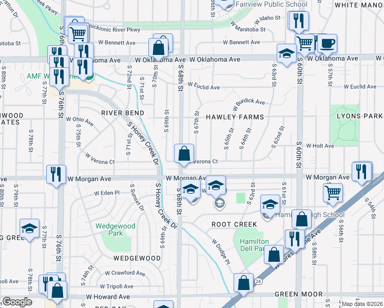 map of restaurants, bars, coffee shops, grocery stores, and more near 3422 South 68th Street in Milwaukee