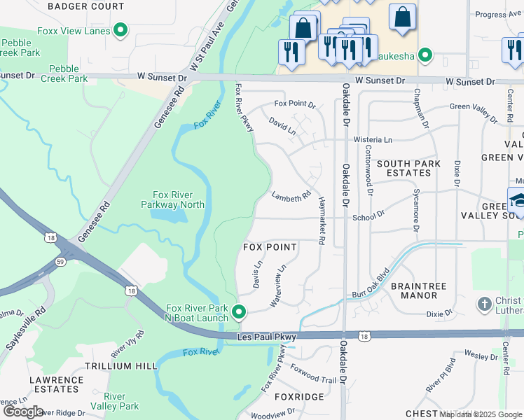 map of restaurants, bars, coffee shops, grocery stores, and more near 1713 Fox River Parkway in Waukesha