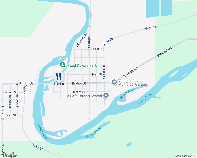 map of restaurants, bars, coffee shops, grocery stores, and more near 451 North Robinson Street in Lyons