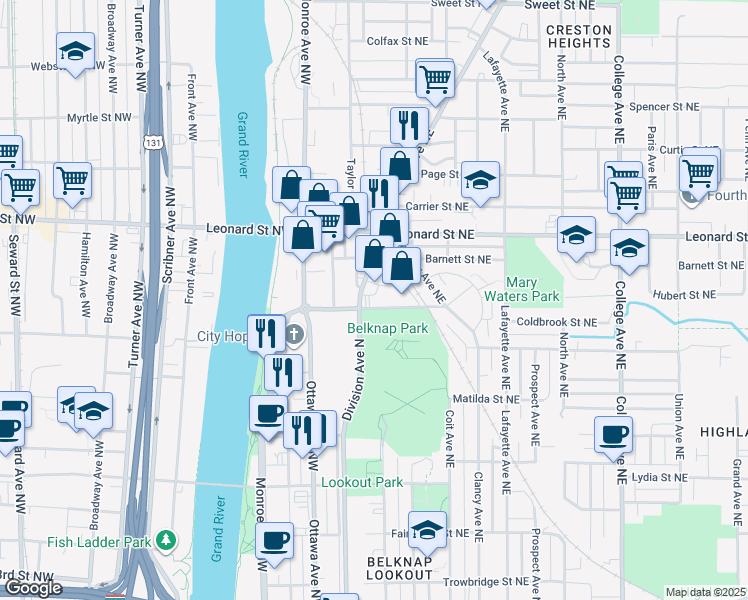 map of restaurants, bars, coffee shops, grocery stores, and more near 1100 Plainfield Avenue Northeast in Grand Rapids