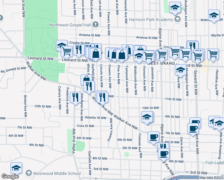 map of restaurants, bars, coffee shops, grocery stores, and more near 1020 Powers Avenue Northwest in Grand Rapids