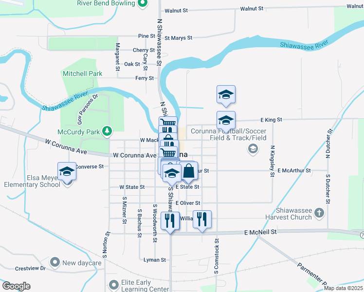 map of restaurants, bars, coffee shops, grocery stores, and more near 110 East Mack Street in Corunna
