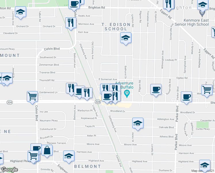 map of restaurants, bars, coffee shops, grocery stores, and more near 80 Findlay Avenue in Tonawanda