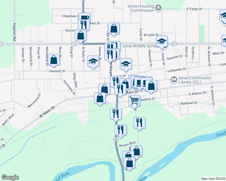 map of restaurants, bars, coffee shops, grocery stores, and more near 121 North Dexter Street in Ionia