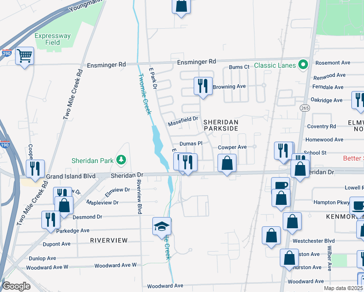 map of restaurants, bars, coffee shops, grocery stores, and more near 15-25 Dumas Pl in Tonawanda