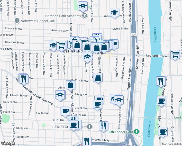 map of restaurants, bars, coffee shops, grocery stores, and more near 1035 Muskegon Avenue Northwest in Grand Rapids