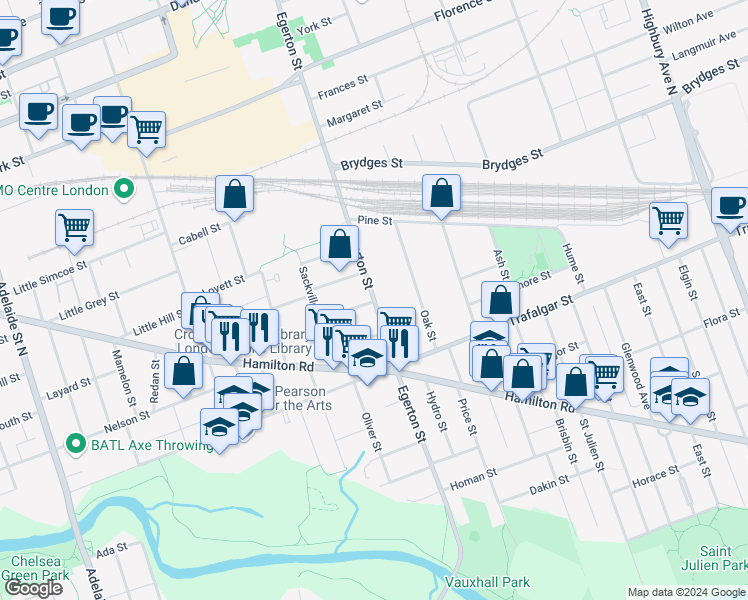map of restaurants, bars, coffee shops, grocery stores, and more near 260 Egerton Street in London